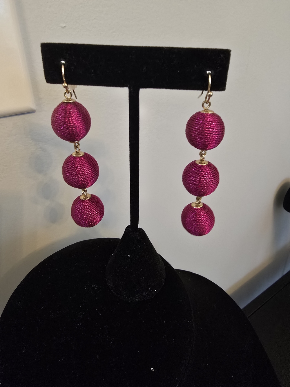 Fuchsia Thread Triple Drop Earrings - Picture 2 of 2